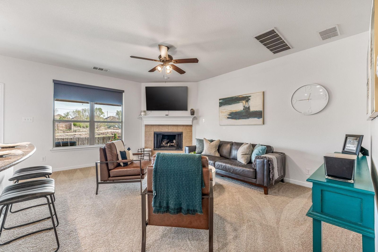 Staged family room in Marine Creek Ranch, Fort Worth
